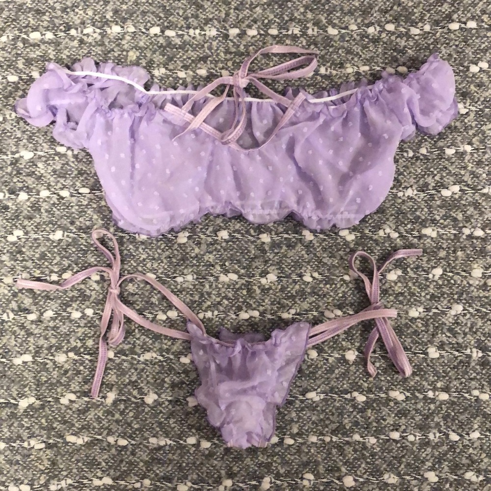 Cute purple see-through side tie lingerie set